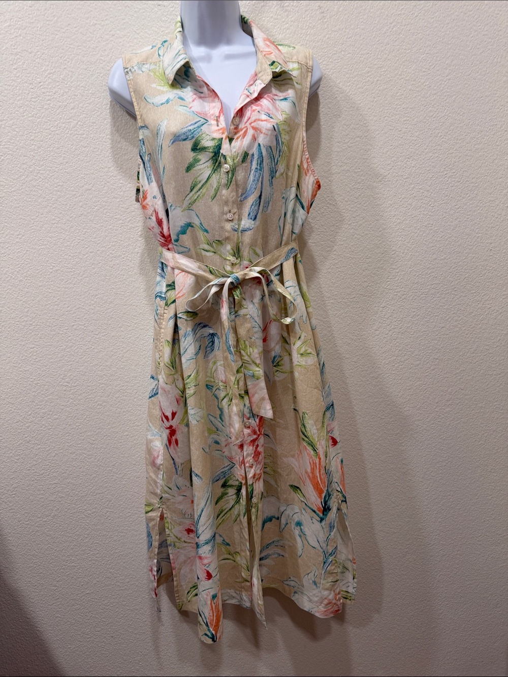 Tommy Bahama Cream Floral Sleeveless Tie-Waist Shirt Dress